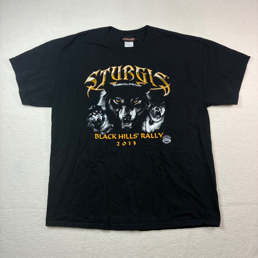 Sturgis Black Hills Rally 2013 T Shirt‎ Mens XL Black Wolf Mount Rushmore Moto